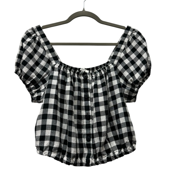Madewell gingham check puff sleeve button front crop top, black white, medium - Picture 2 of 6